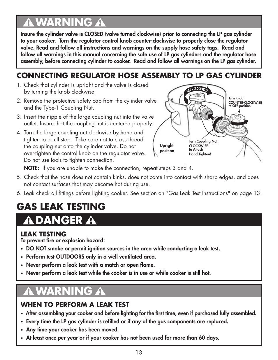 Warning, Danger, Gas leak testing | Bayou Classic 2212 User Manual | Page 15 / 28