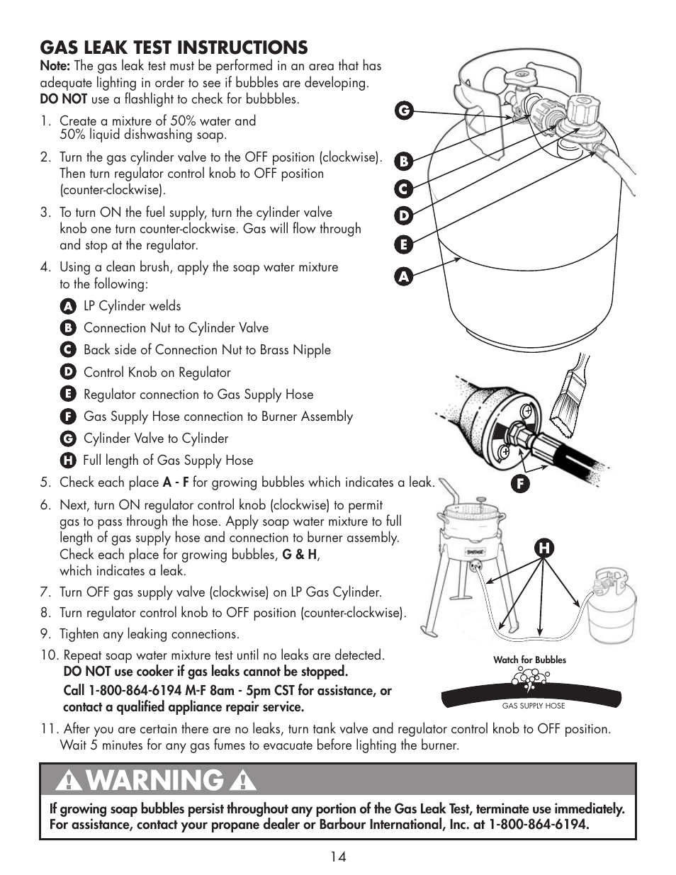 Warning, Gas leak test instructions | Bayou Classic 2212 User Manual | Page 16 / 28