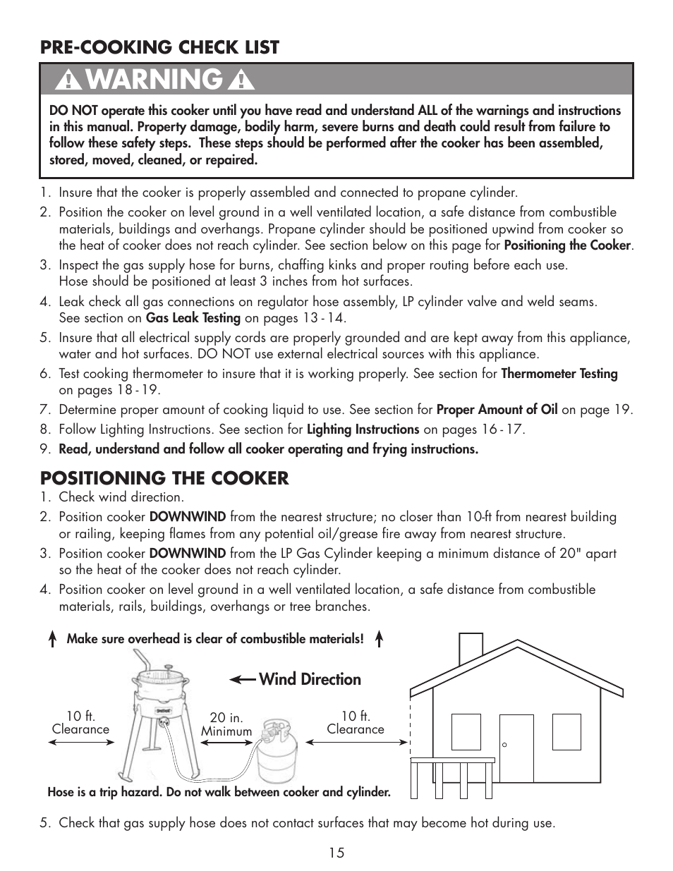 Warning, Pre-cooking check list positioning the cooker | Bayou Classic 2212 User Manual | Page 17 / 28