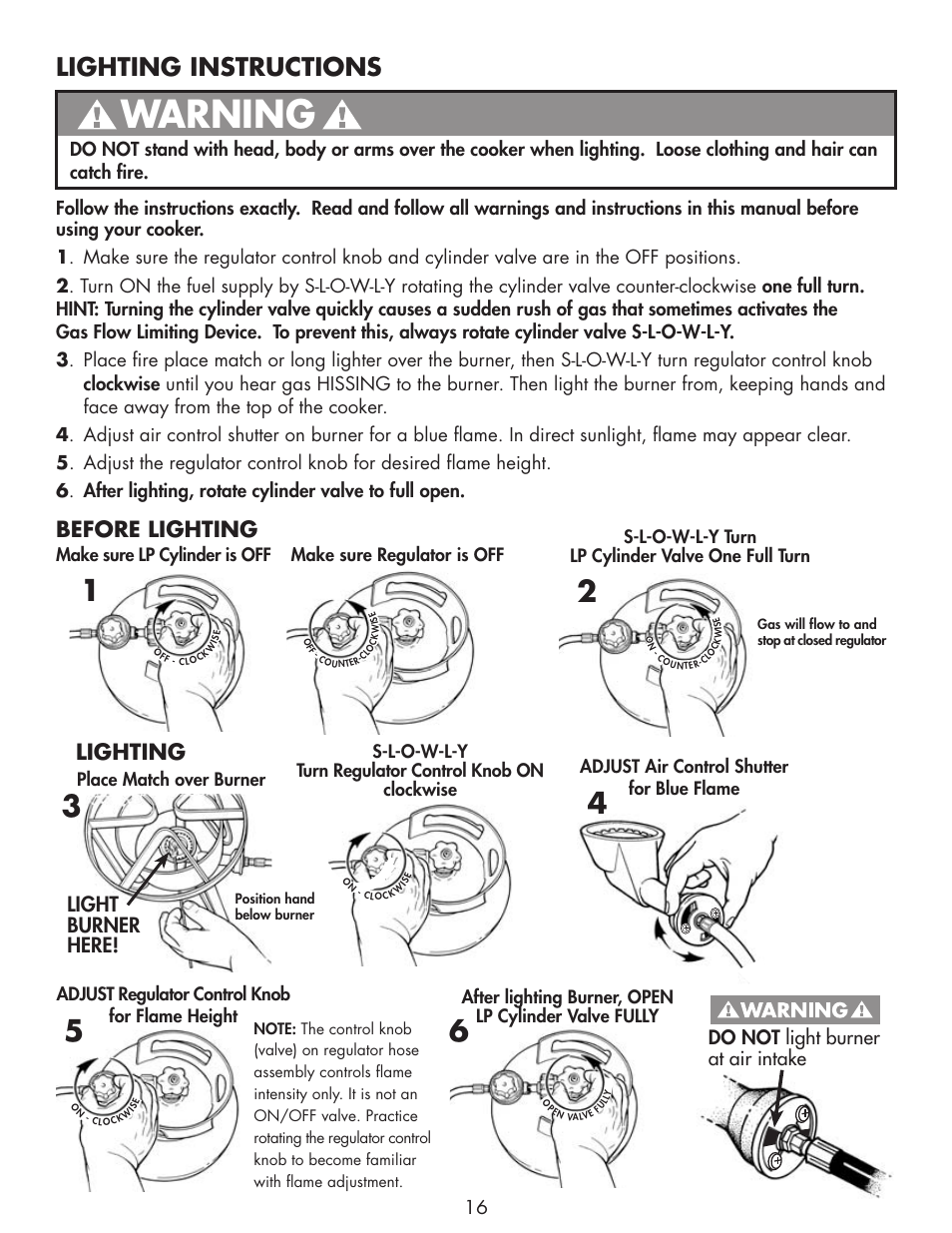 Warning, Lighting instructions, Before lighting | Lighting, Light burner here, Do not light burner at air intake | Bayou Classic 2212 User Manual | Page 18 / 28