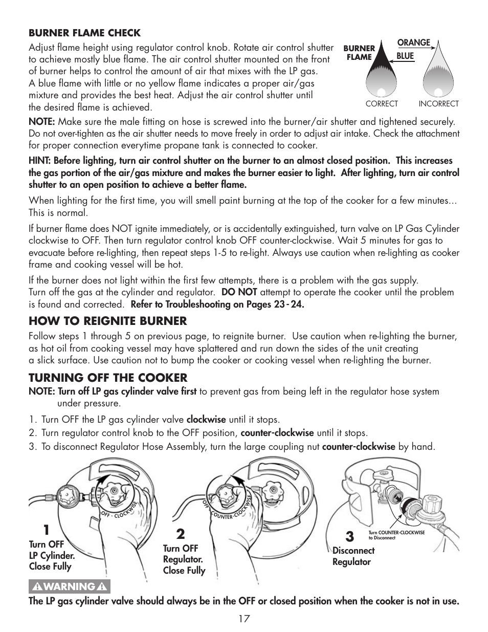 How to reignite burner, Turning off the cooker | Bayou Classic 2212 User Manual | Page 19 / 28