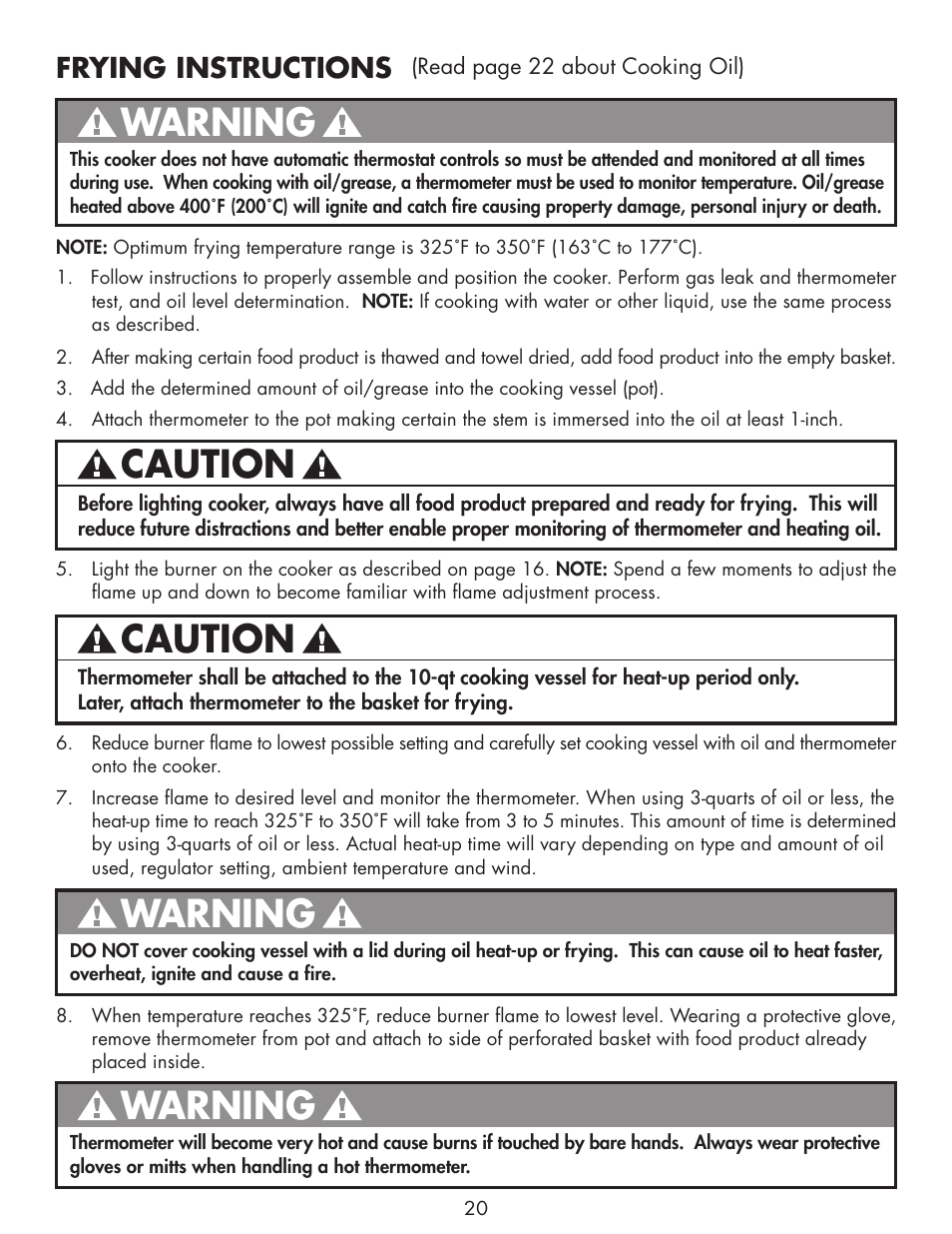 Caution, Warning, Frying instructions | Bayou Classic 2212 User Manual | Page 22 / 28