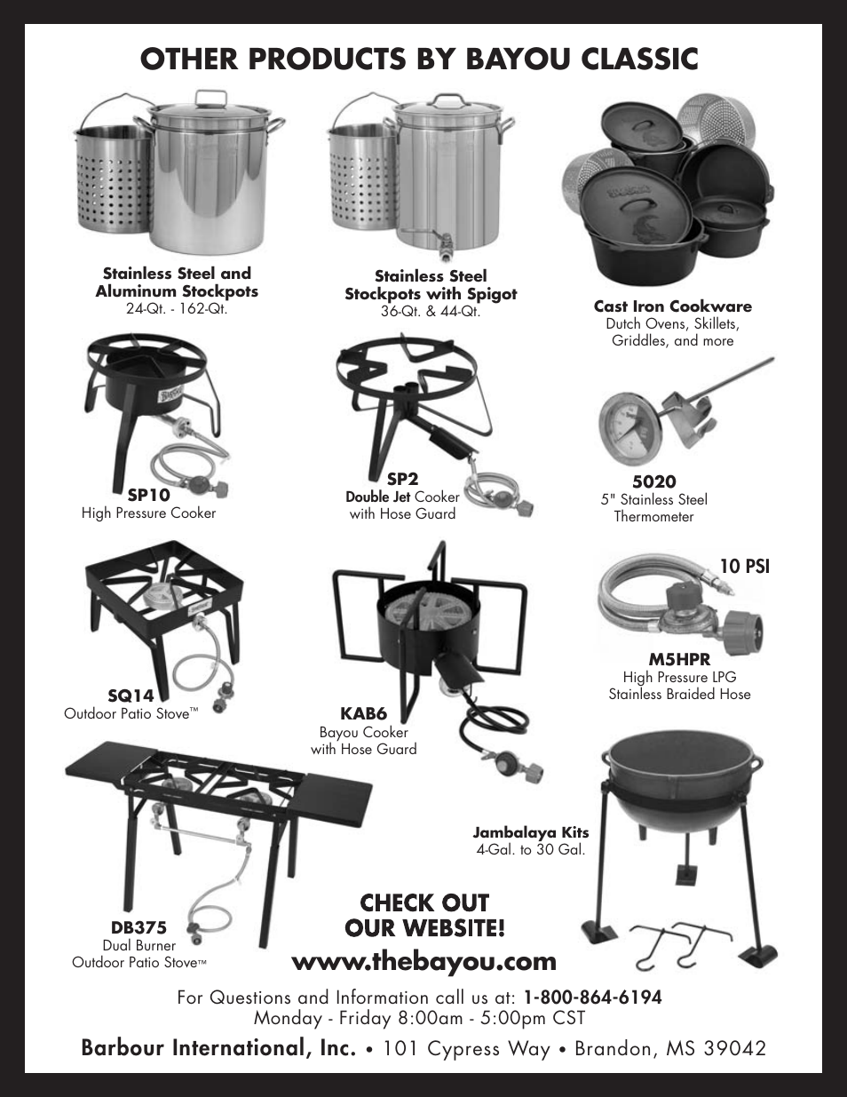 Other products by bayou classic, Barbour international, inc | Bayou Classic 2212 User Manual | Page 28 / 28