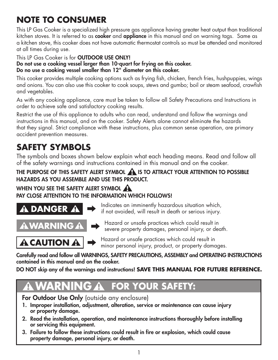 Warning, For your safety, Safety symbols | Bayou Classic 2212 User Manual | Page 3 / 28