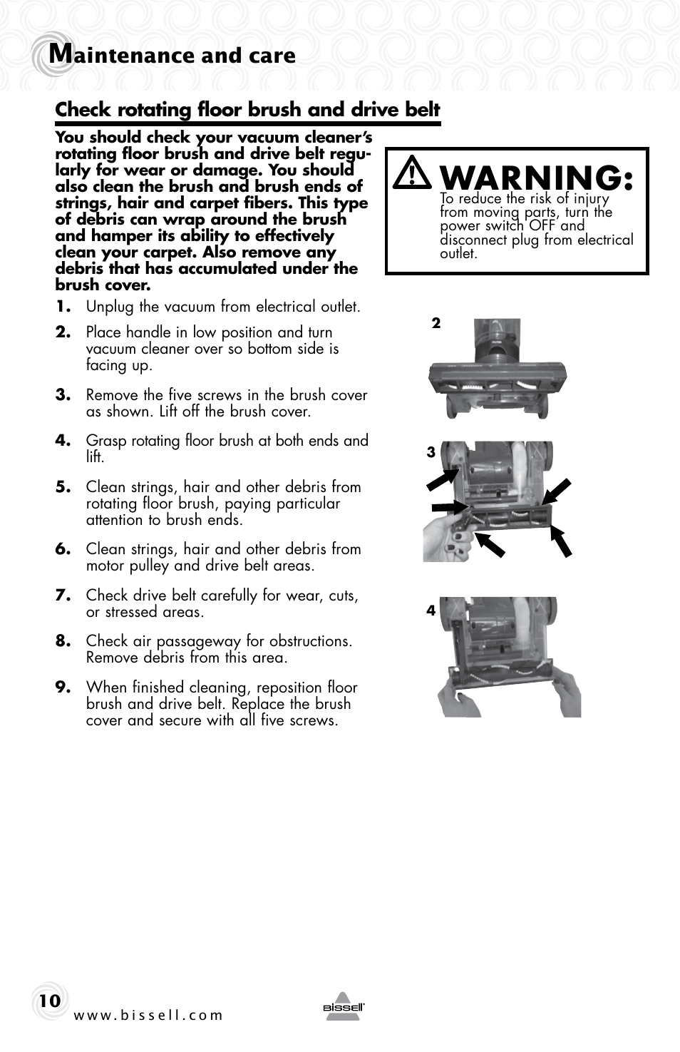 Warning, Aintenance and care, Check rotating floor brush and drive belt | Bissell 13G4e User Manual | Page 10 / 16