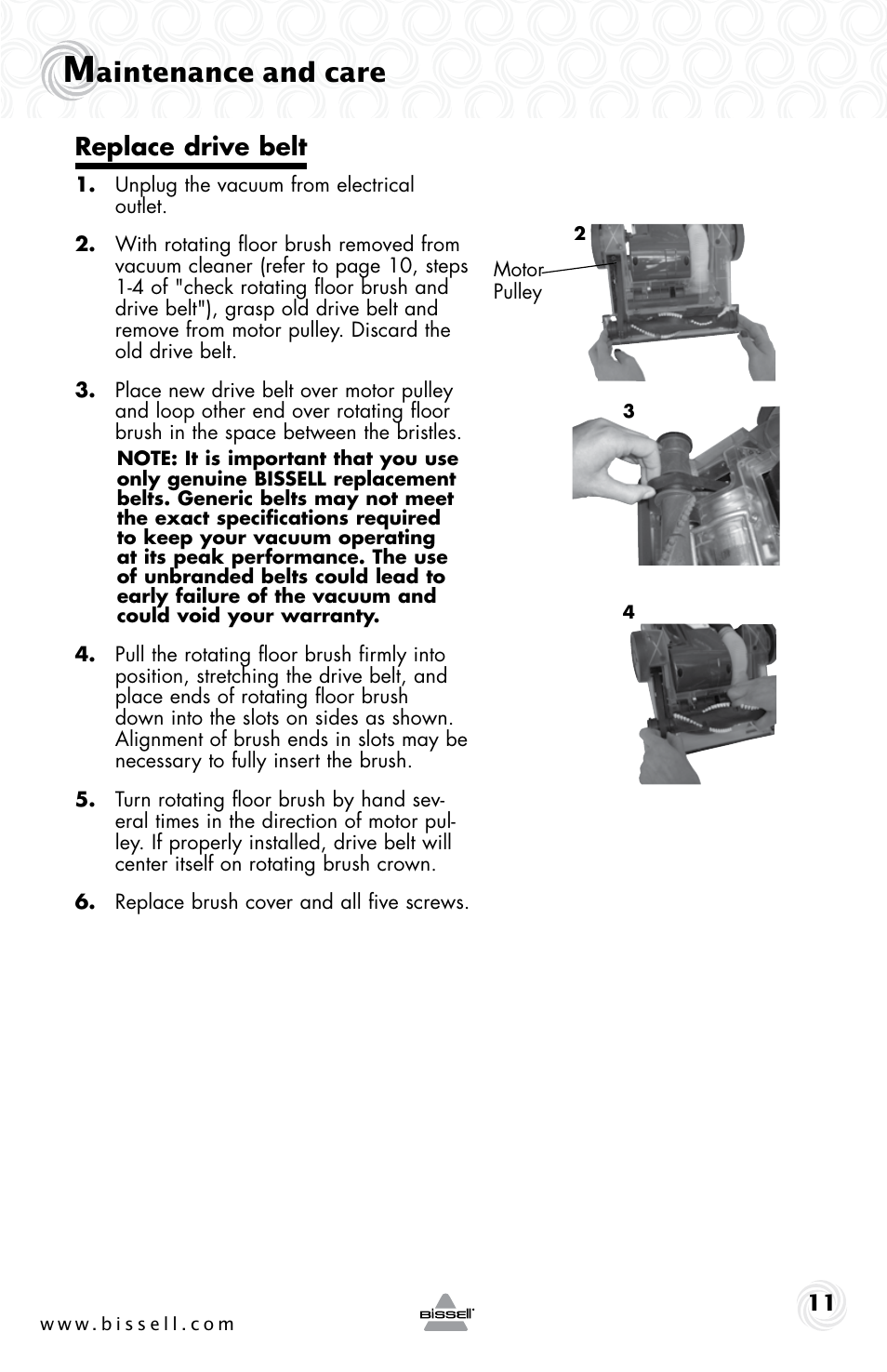 Aintenance and care, Replace drive belt | Bissell 13G4e User Manual | Page 11 / 16