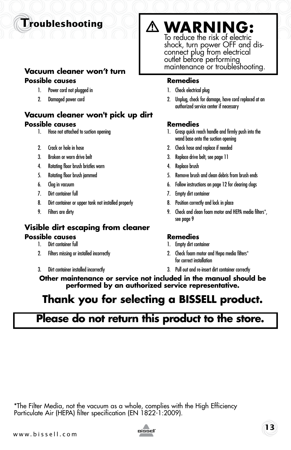 Warning, Roubleshooting | Bissell 13G4e User Manual | Page 13 / 16