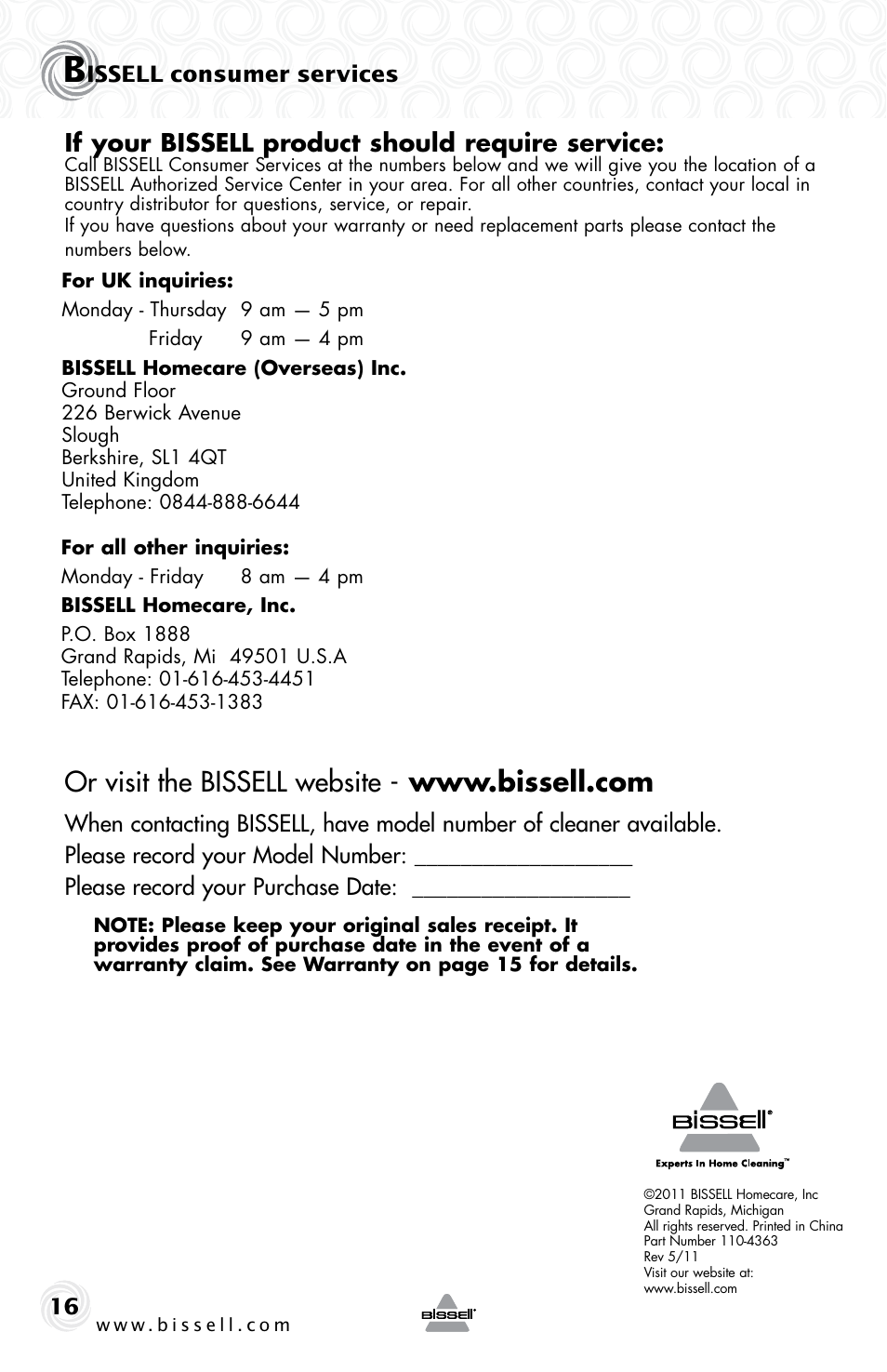 If your bissell product should require service, Issell consumer services | Bissell 13G4e User Manual | Page 16 / 16