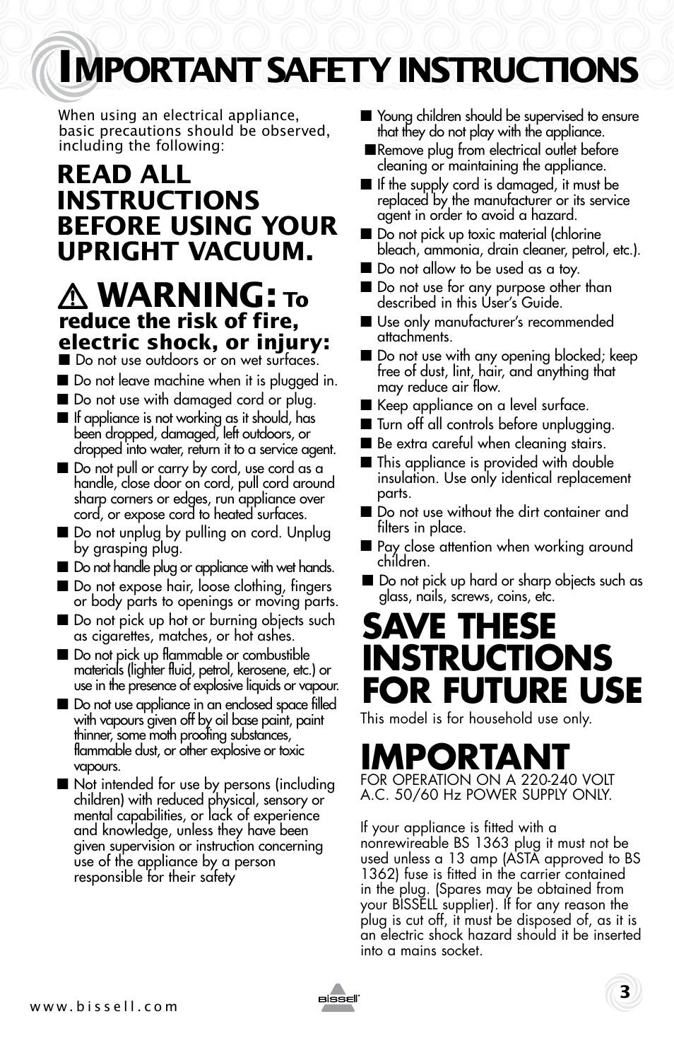 Warning, Save these instructions for future use, Important | Mportant safety instructions | Bissell 13G4e User Manual | Page 3 / 16