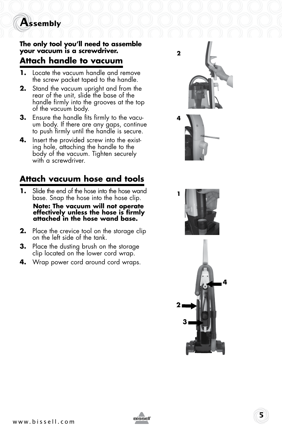 Attach handle to vacuum, Attach vacuum hose and tools | Bissell 13G4e User Manual | Page 5 / 16