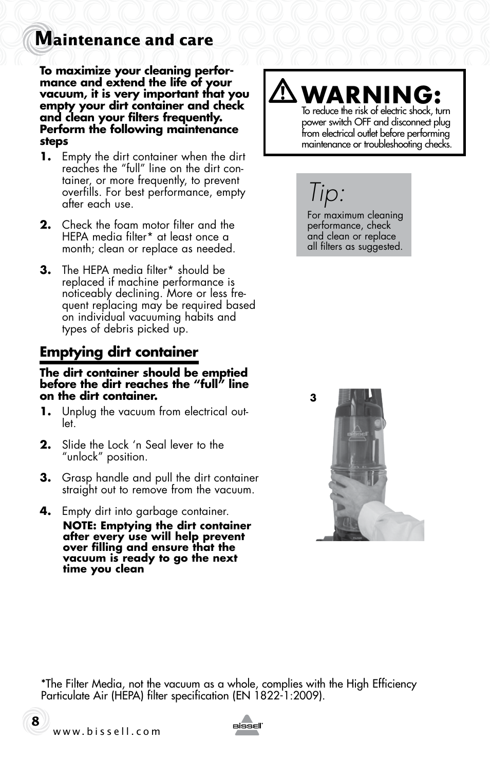 Warning, Aintenance and care, Emptying dirt container | Bissell 13G4e User Manual | Page 8 / 16