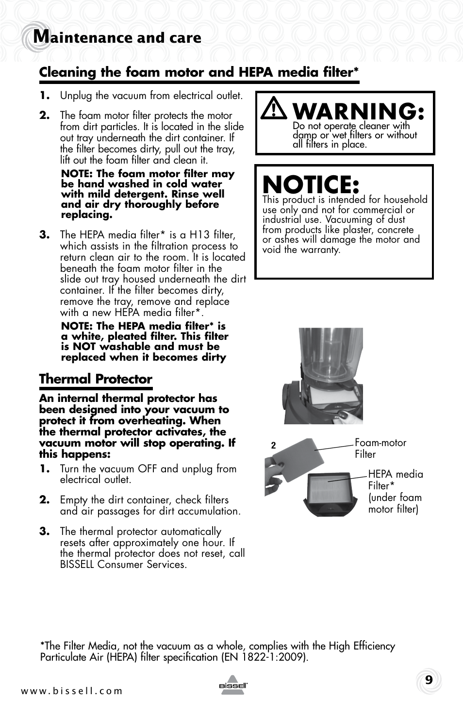 Notice, Warning, Aintenance and care | Thermal protector, Cleaning the foam motor and hepa media filter | Bissell 13G4e User Manual | Page 9 / 16