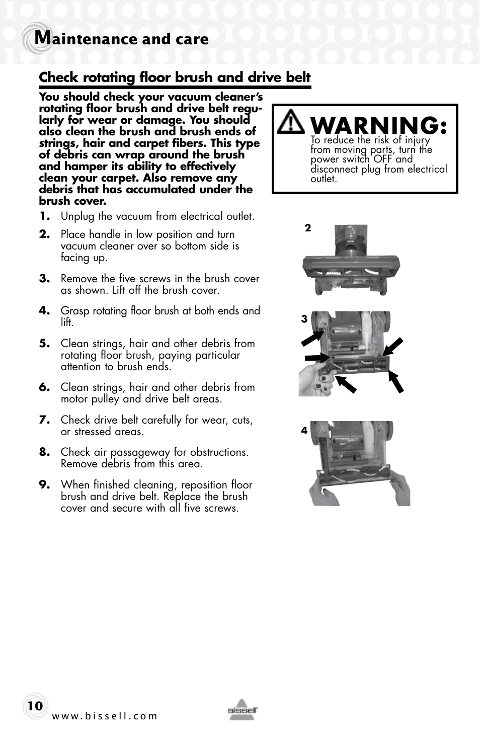 Warning, Aintenance and care, Check rotating floor brush and drive belt | Bissell 15D6e User Manual | Page 10 / 16