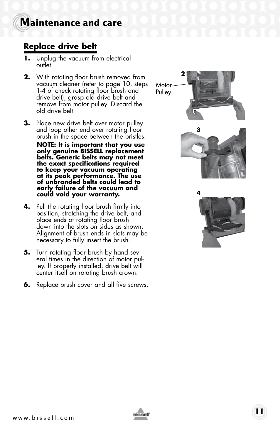 Aintenance and care, Replace drive belt | Bissell 15D6e User Manual | Page 11 / 16