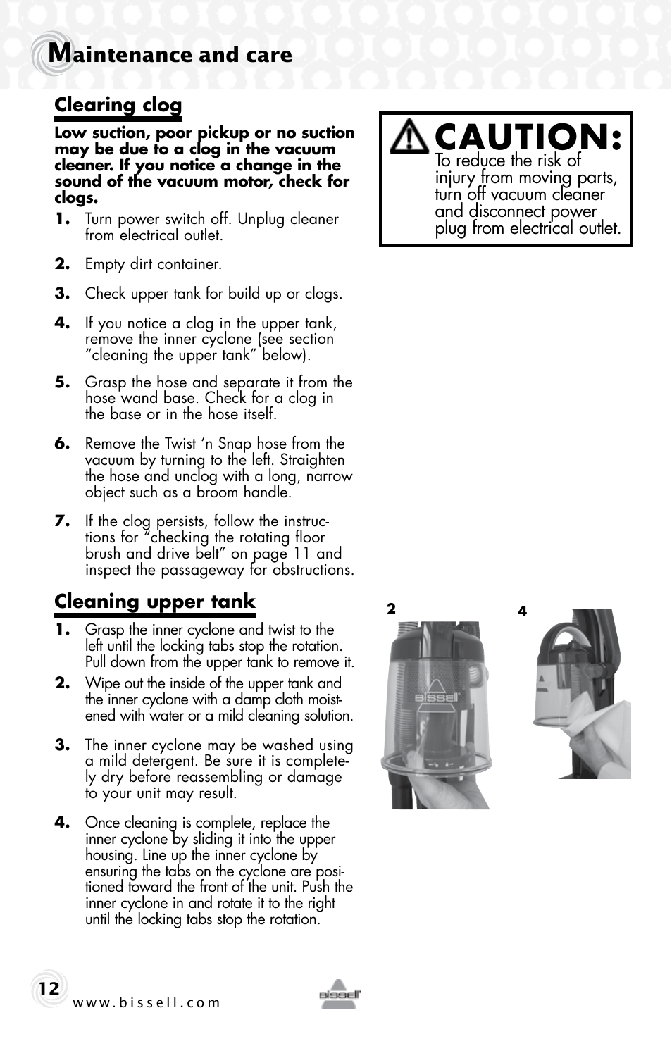 Caution, Aintenance and care, Clearing clog | Cleaning upper tank | Bissell 15D6e User Manual | Page 12 / 16