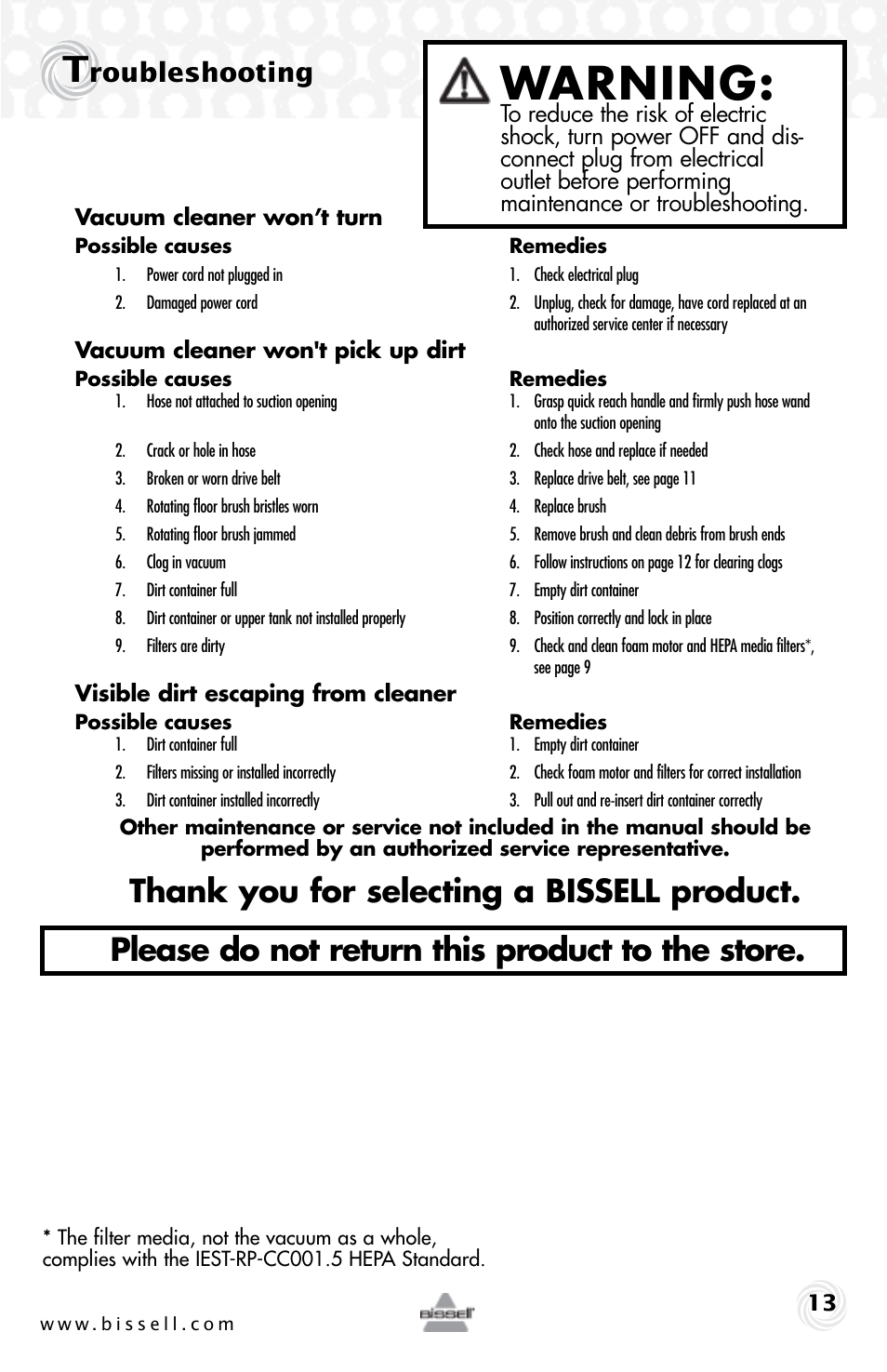 Warning, Roubleshooting | Bissell 15D6e User Manual | Page 13 / 16