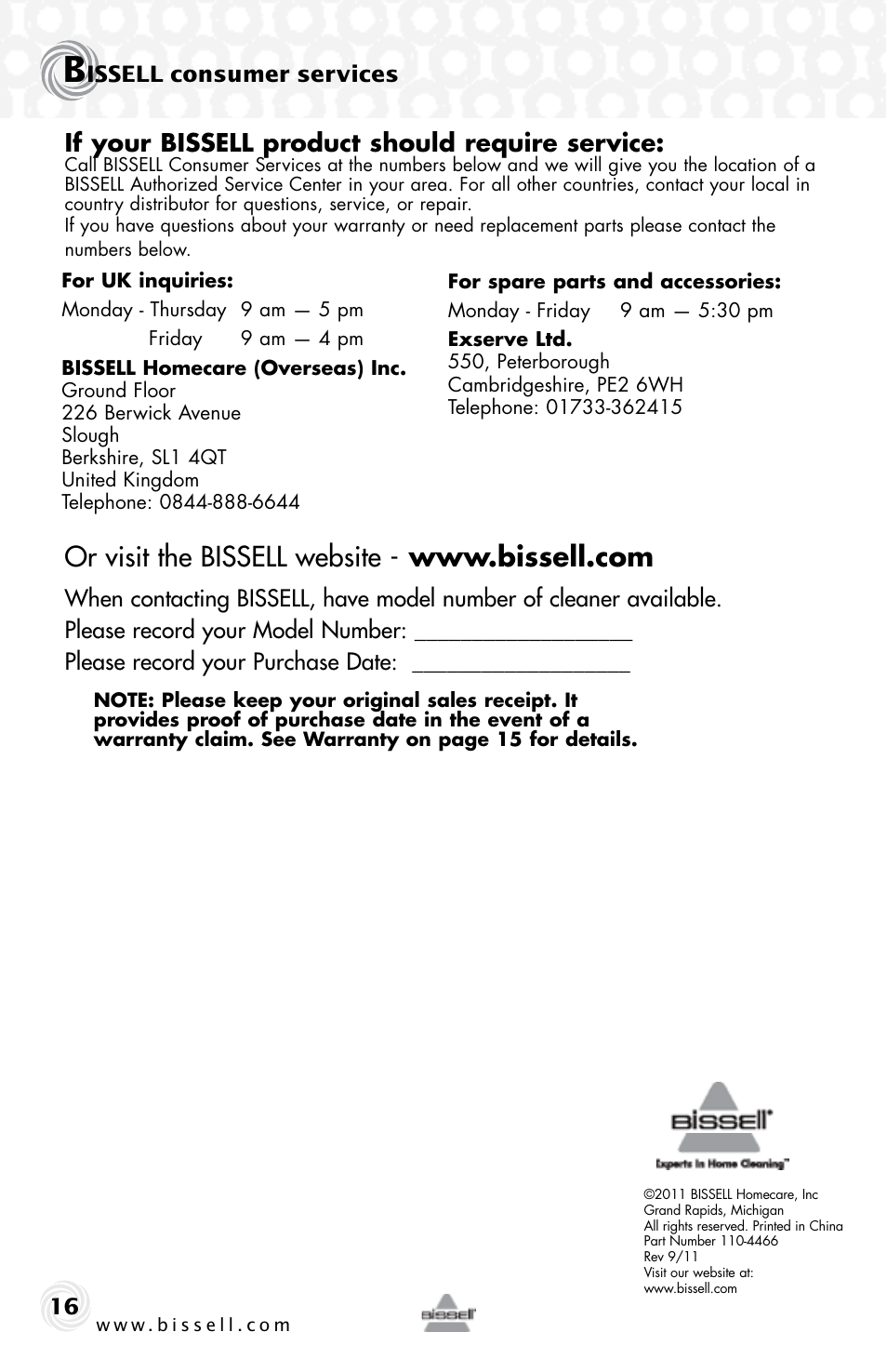 If your bissell product should require service, Issell consumer services | Bissell 15D6e User Manual | Page 16 / 16