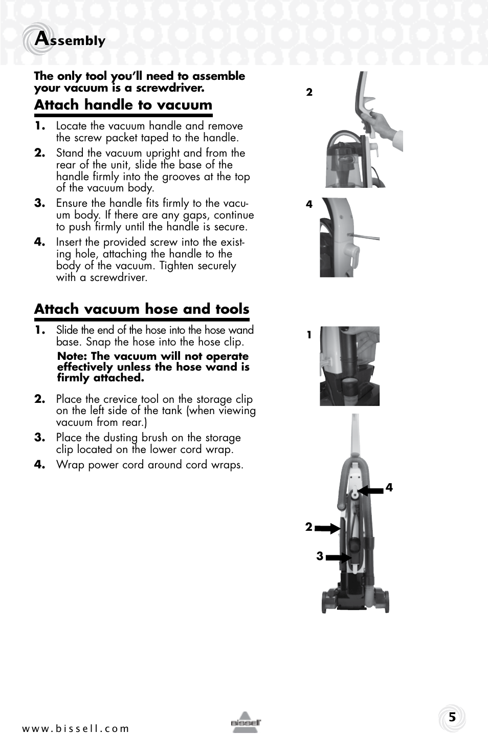 Attach handle to vacuum, Attach vacuum hose and tools | Bissell 15D6e User Manual | Page 5 / 16