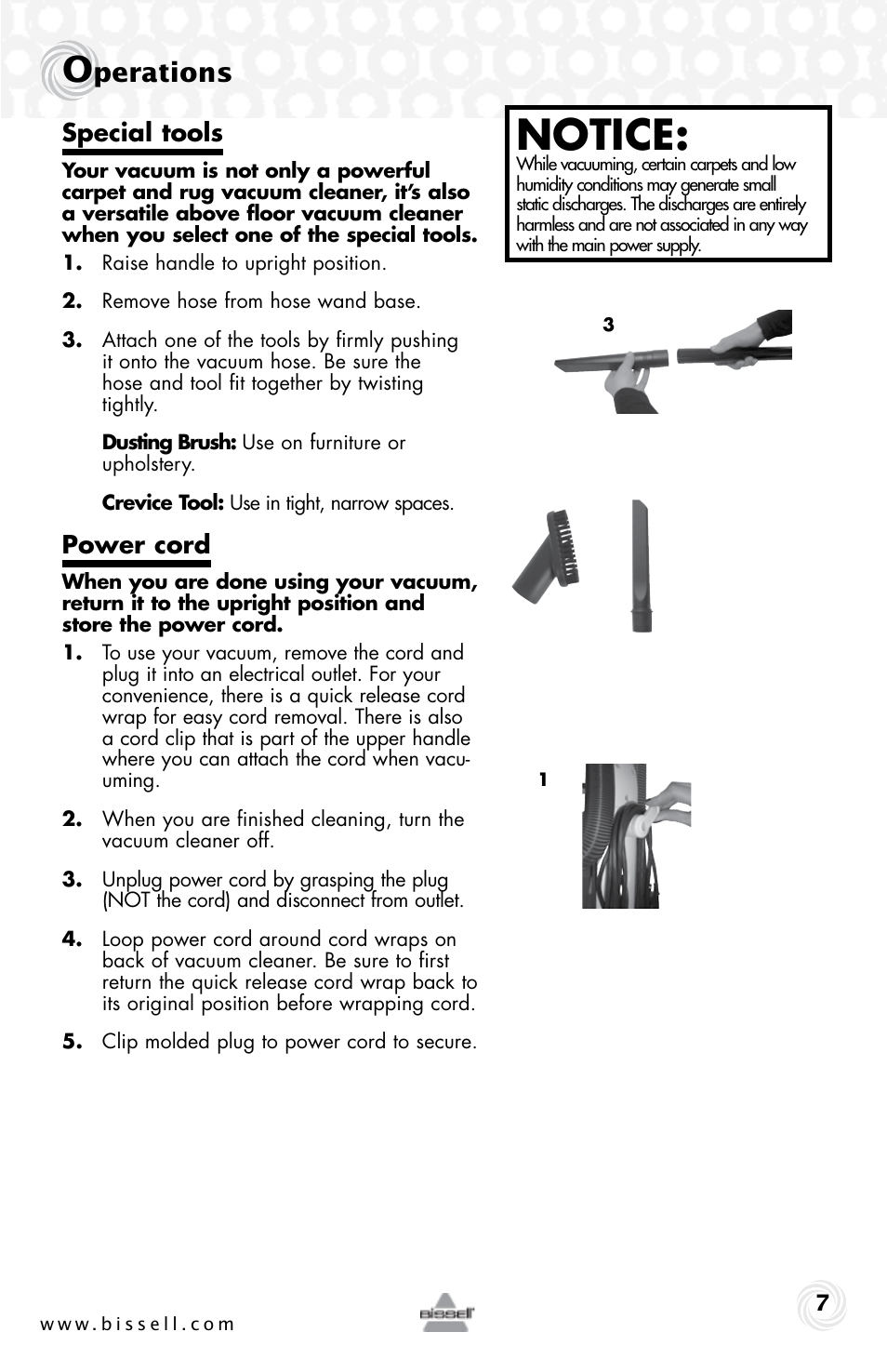 Notice, Perations | Bissell 15D6e User Manual | Page 7 / 16