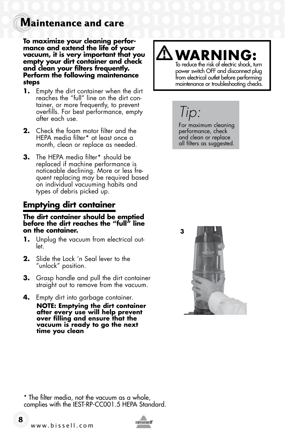 Warning, Aintenance and care, Emptying dirt container | Bissell 15D6e User Manual | Page 8 / 16