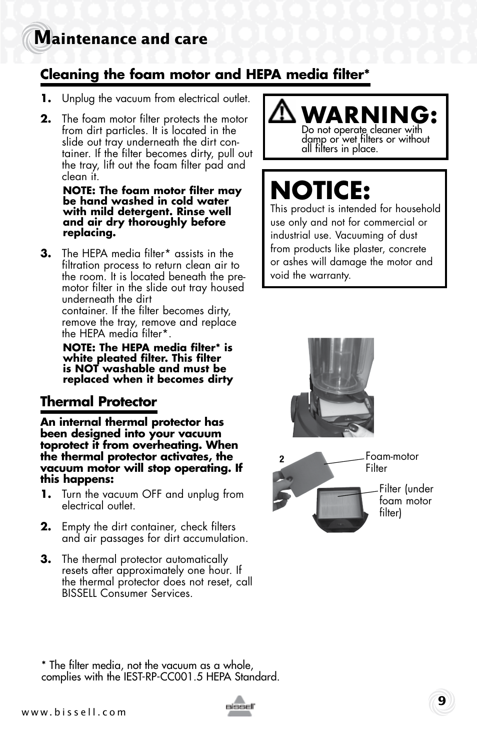 Notice, Warning, Aintenance and care | Thermal protector, Cleaning the foam motor and hepa media filter | Bissell 15D6e User Manual | Page 9 / 16