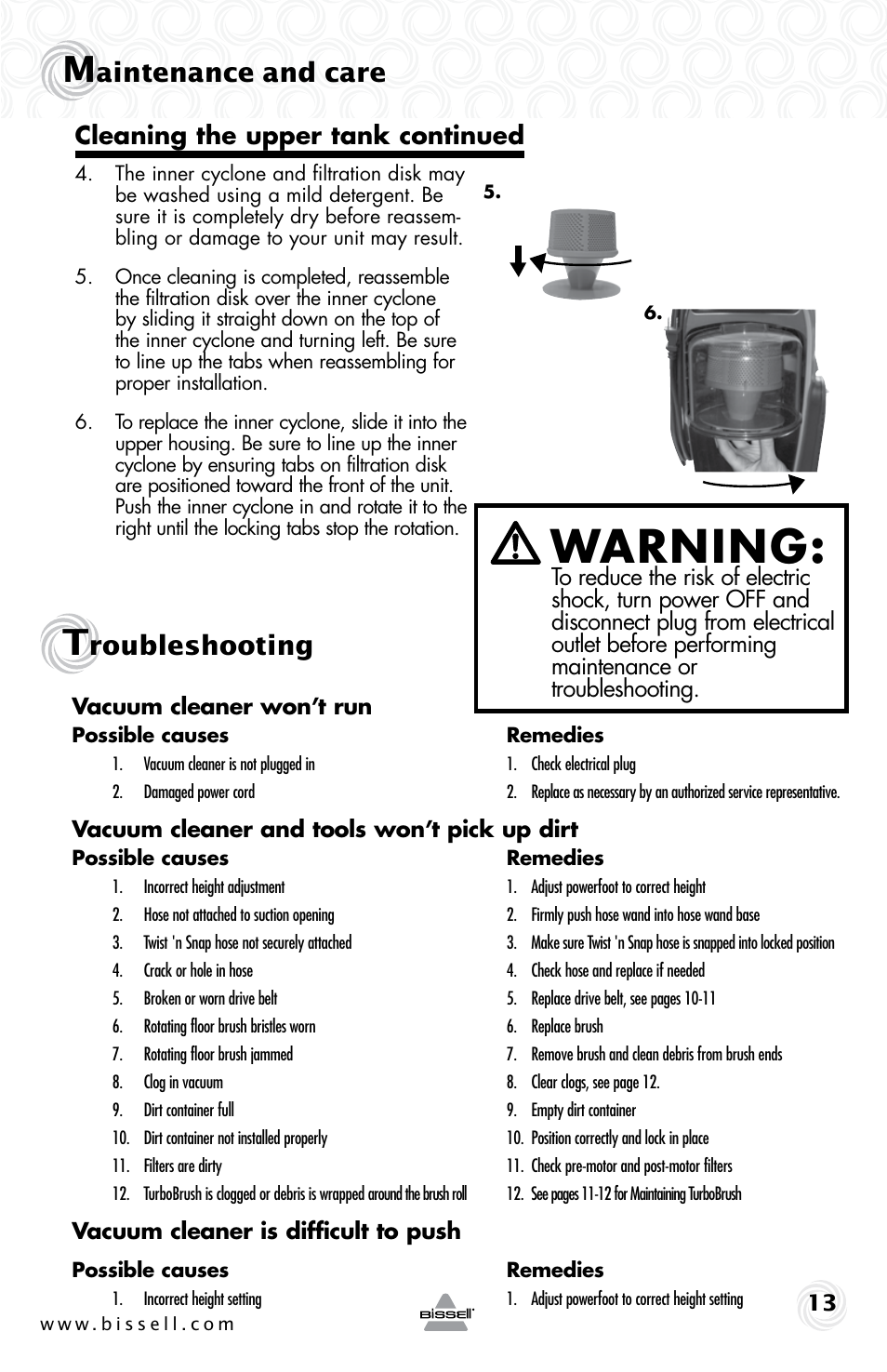 Warning, Aintenance and care, Roubleshooting | Cleaning the upper tank continued | Bissell 25V1 User Manual | Page 13 / 16