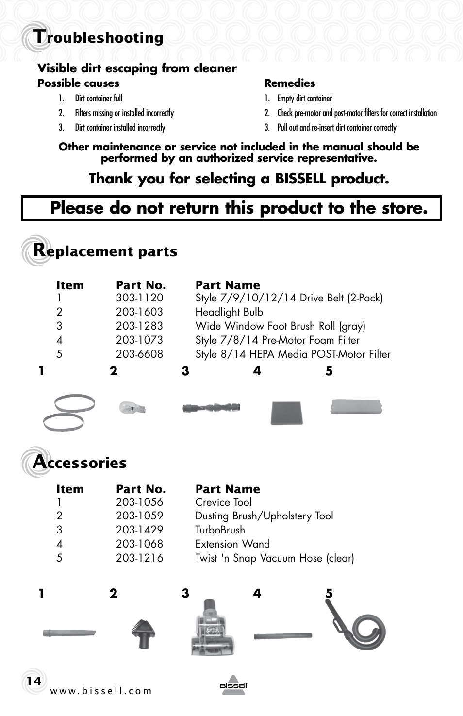Please do not return this product to the store, Roubleshooting, Eplacement parts | Ccessories | Bissell 25V1 User Manual | Page 14 / 16