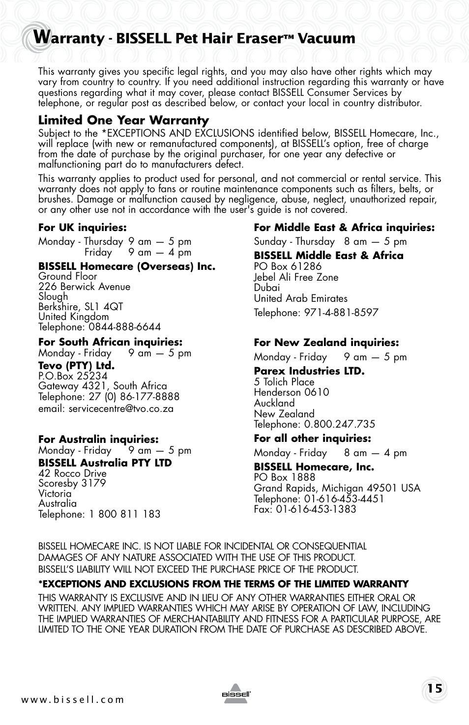 Arranty - bissell pet hair eraser, Vacuum | Bissell 25V1 User Manual | Page 15 / 16