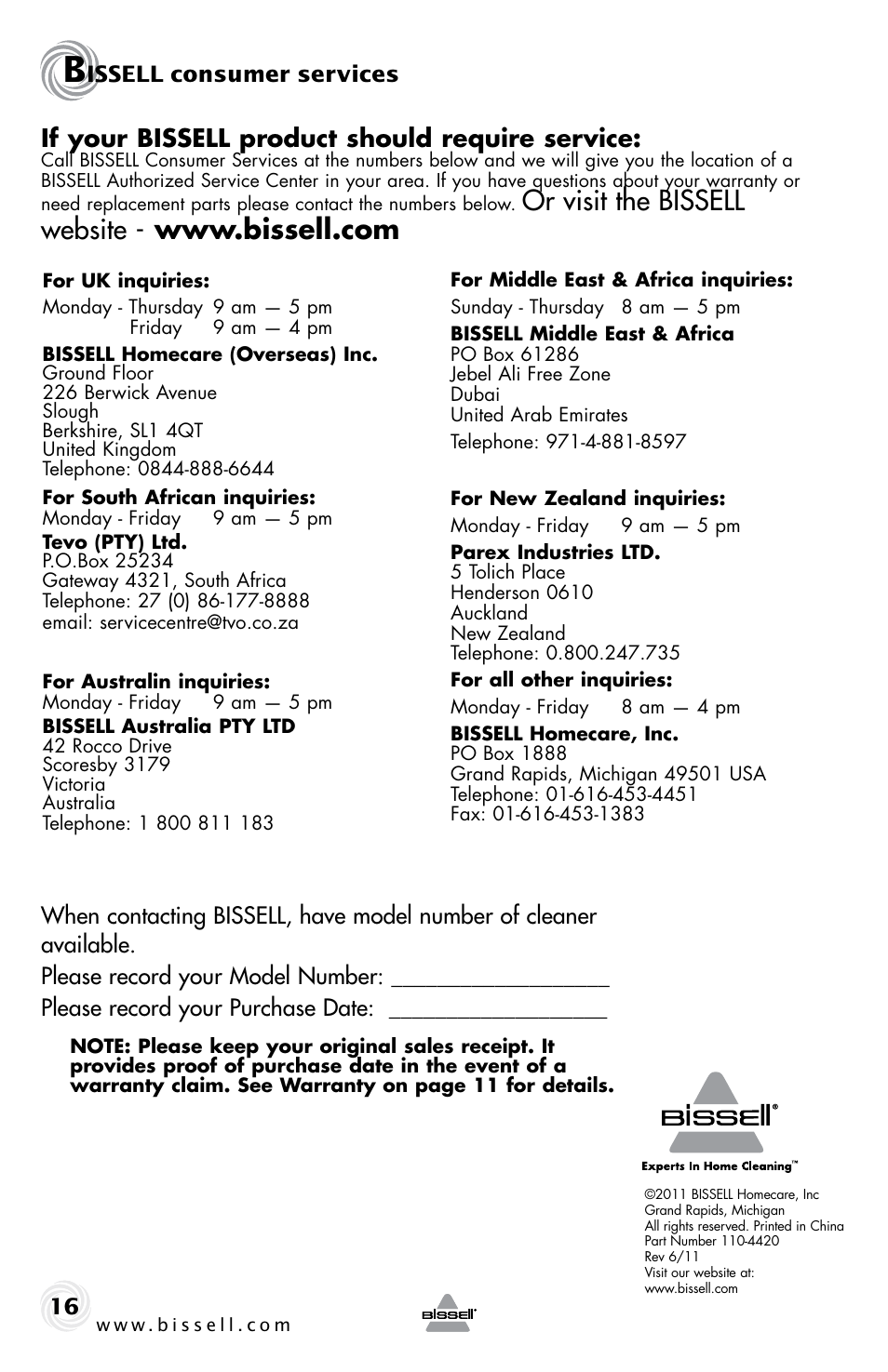 If your bissell product should require service, Issell consumer services | Bissell 25V1 User Manual | Page 16 / 16