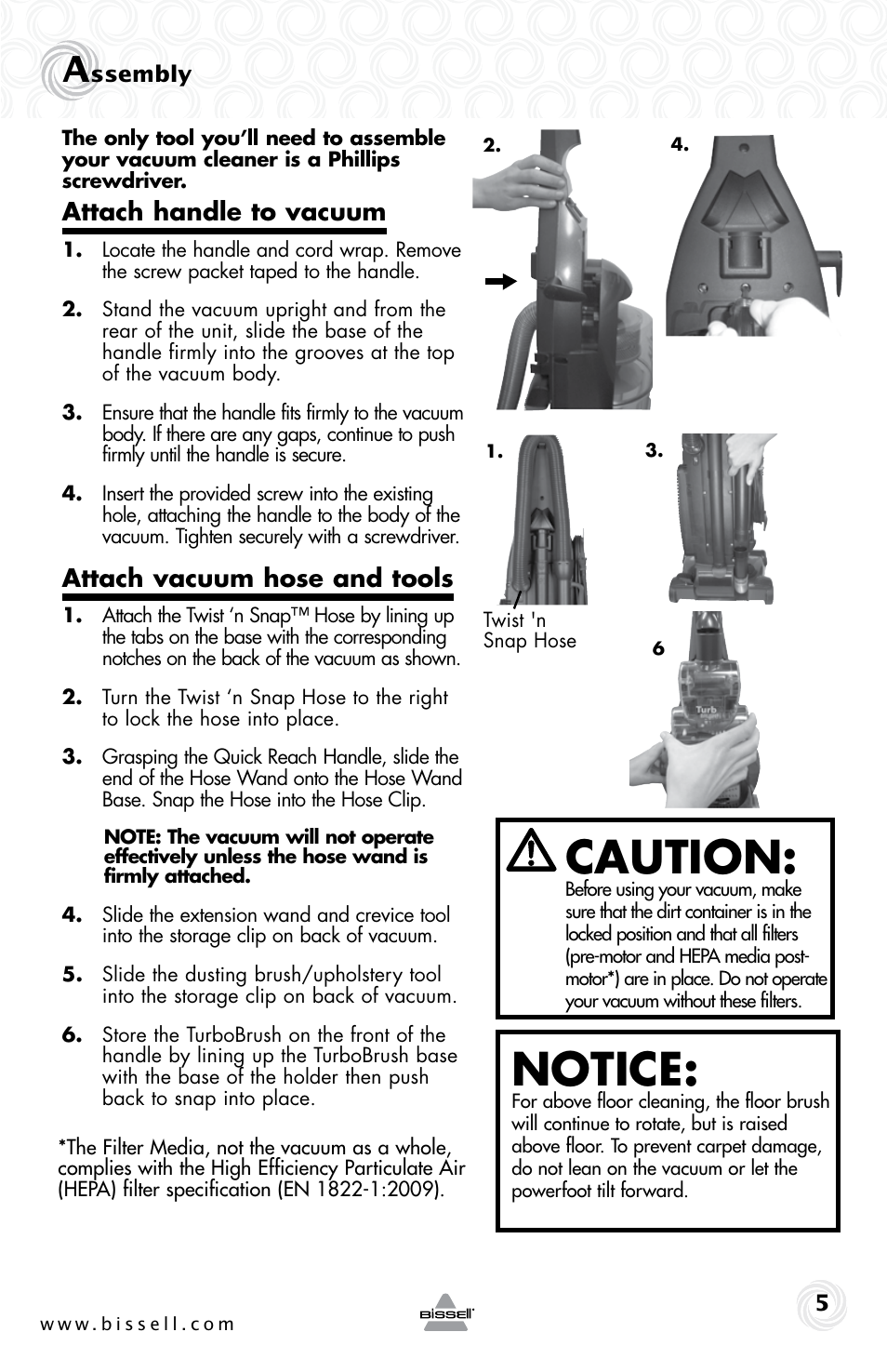 Caution, Notice, Attach handle to vacuum | Attach vacuum hose and tools | Bissell 25V1 User Manual | Page 5 / 16
