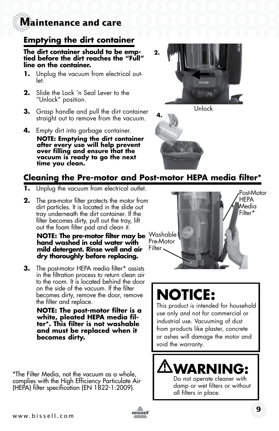 Notice, Warning, Aintenance and care | Emptying the dirt container | Bissell 25V1 User Manual | Page 9 / 16