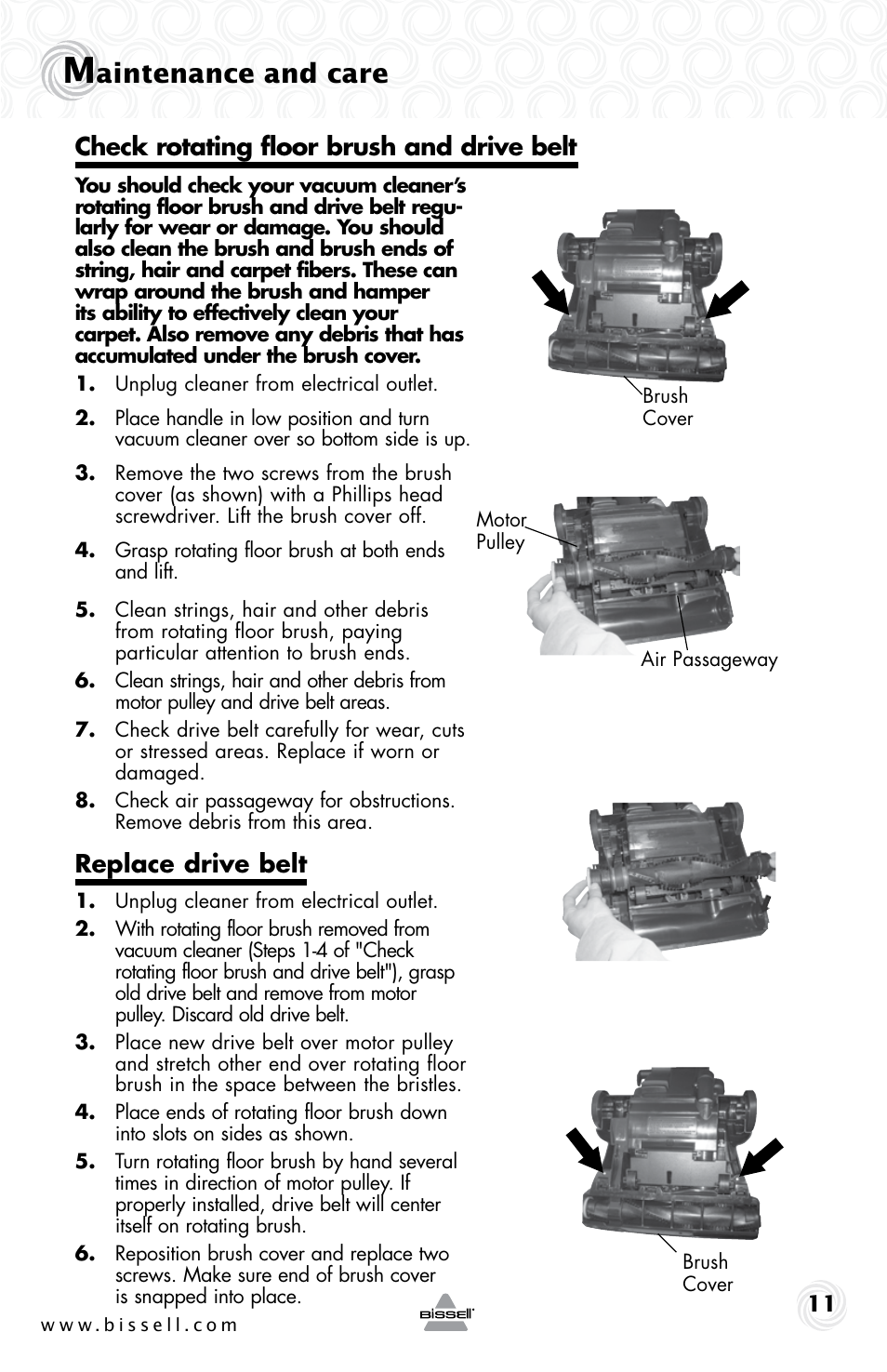 Aintenance and care, Replace drive belt, Check rotating floor brush and drive belt | Bissell Powerforce bagless turbo 28F4 series User Manual | Page 11 / 16