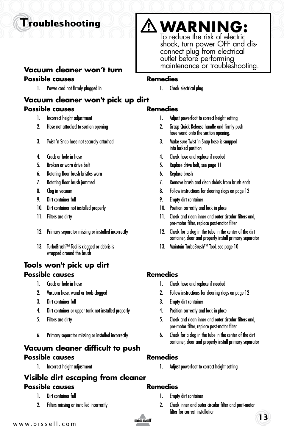 Warning, Roubleshooting | Bissell Powerforce bagless turbo 28F4 series User Manual | Page 13 / 16