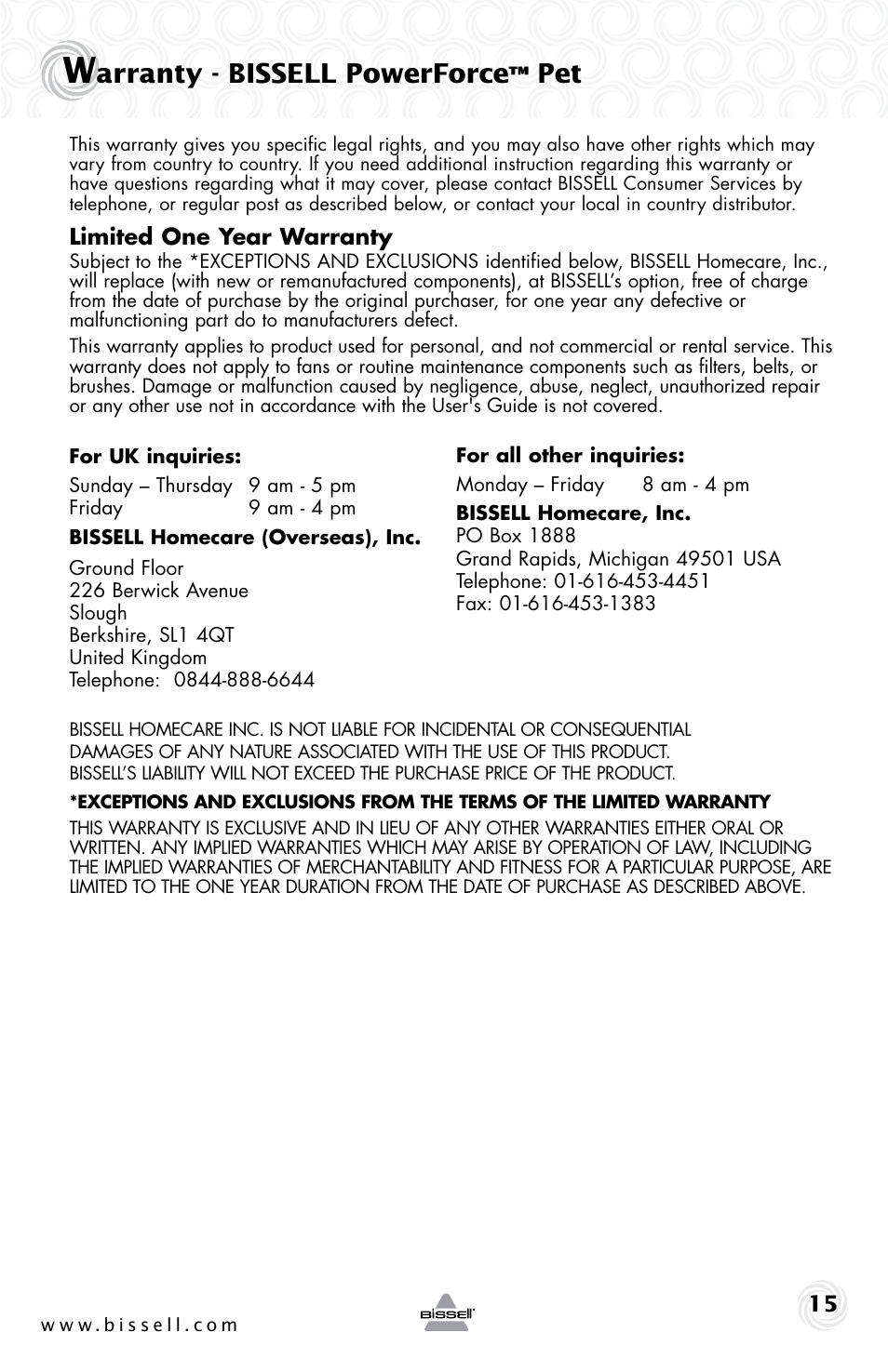 Arranty - bissell powerforce | Bissell Powerforce bagless turbo 28F4 series User Manual | Page 15 / 16