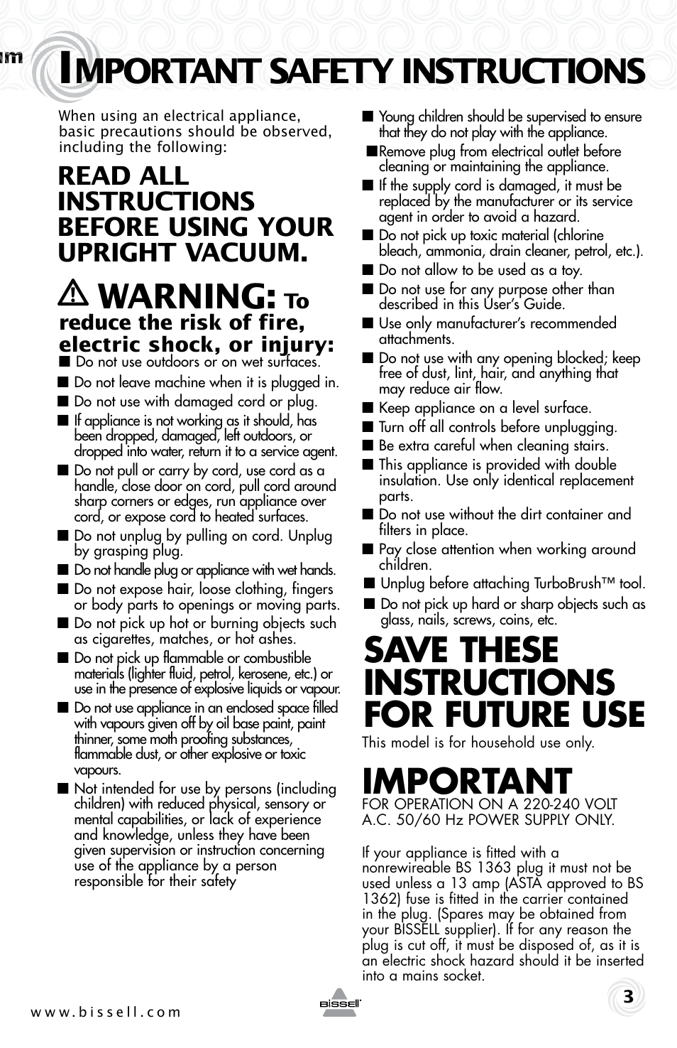 Mportant safety instructions, Warning, Save these instructions for future use | Important | Bissell Powerforce bagless turbo 28F4 series User Manual | Page 3 / 16