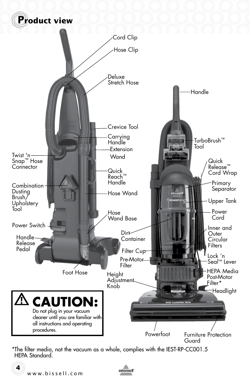 Caution, Roduct view | Bissell Powerforce bagless turbo 28F4 series User Manual | Page 4 / 16