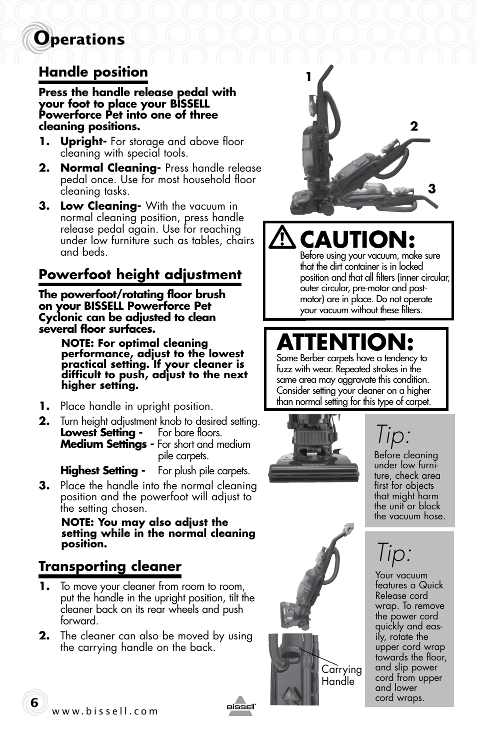 Caution, Attention, Perations | Handle position, Powerfoot height adjustment, Transporting cleaner | Bissell Powerforce bagless turbo 28F4 series User Manual | Page 6 / 16