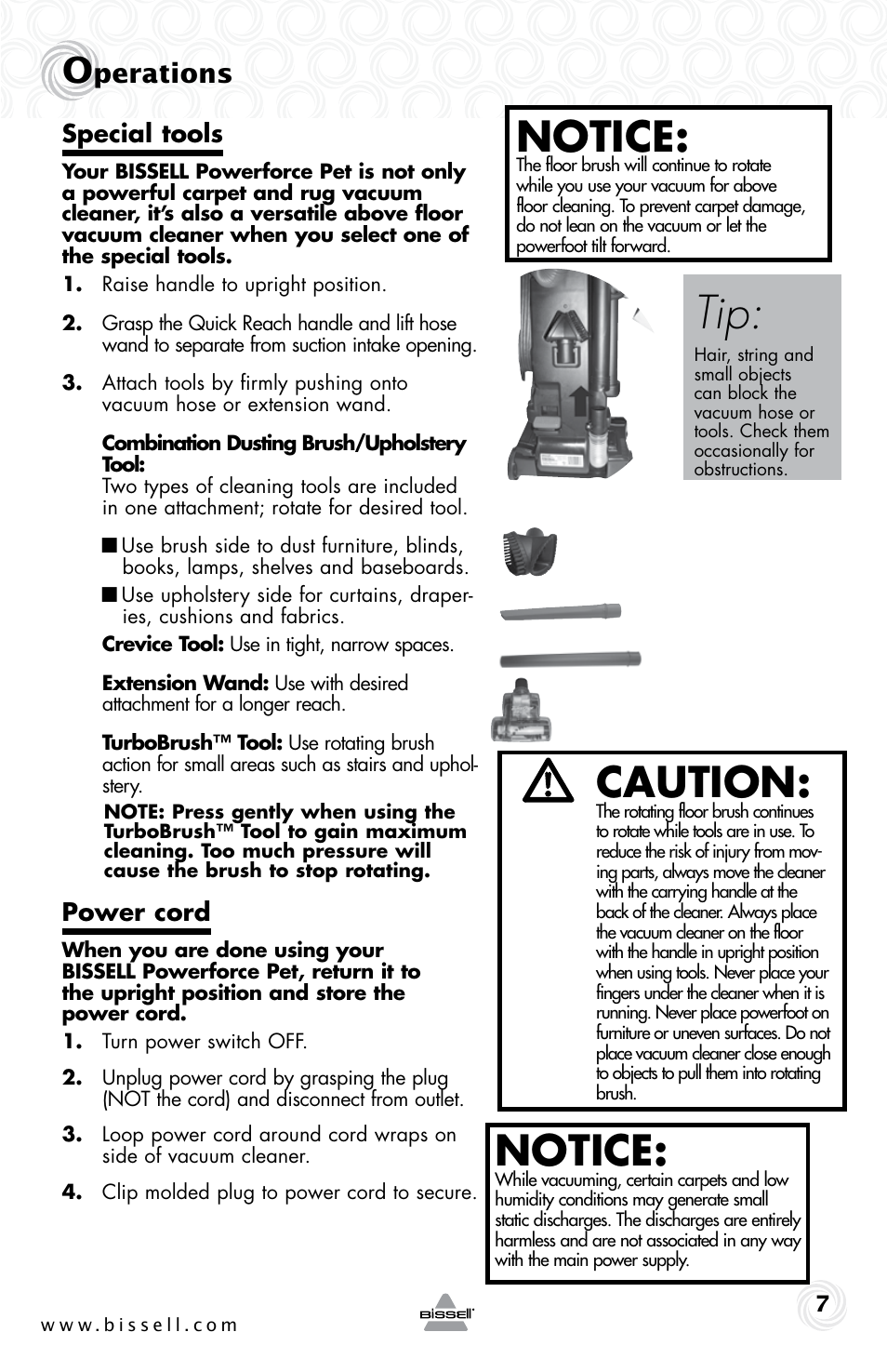 Notice, Caution, Perations | Special tools, Power cord | Bissell Powerforce bagless turbo 28F4 series User Manual | Page 7 / 16