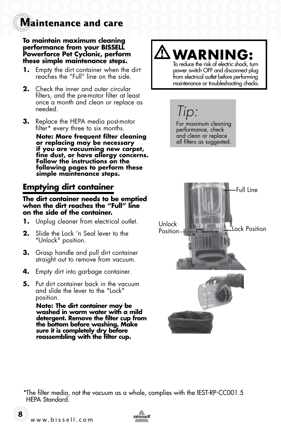 Warning, Aintenance and care, Emptying dirt container | Bissell Powerforce bagless turbo 28F4 series User Manual | Page 8 / 16