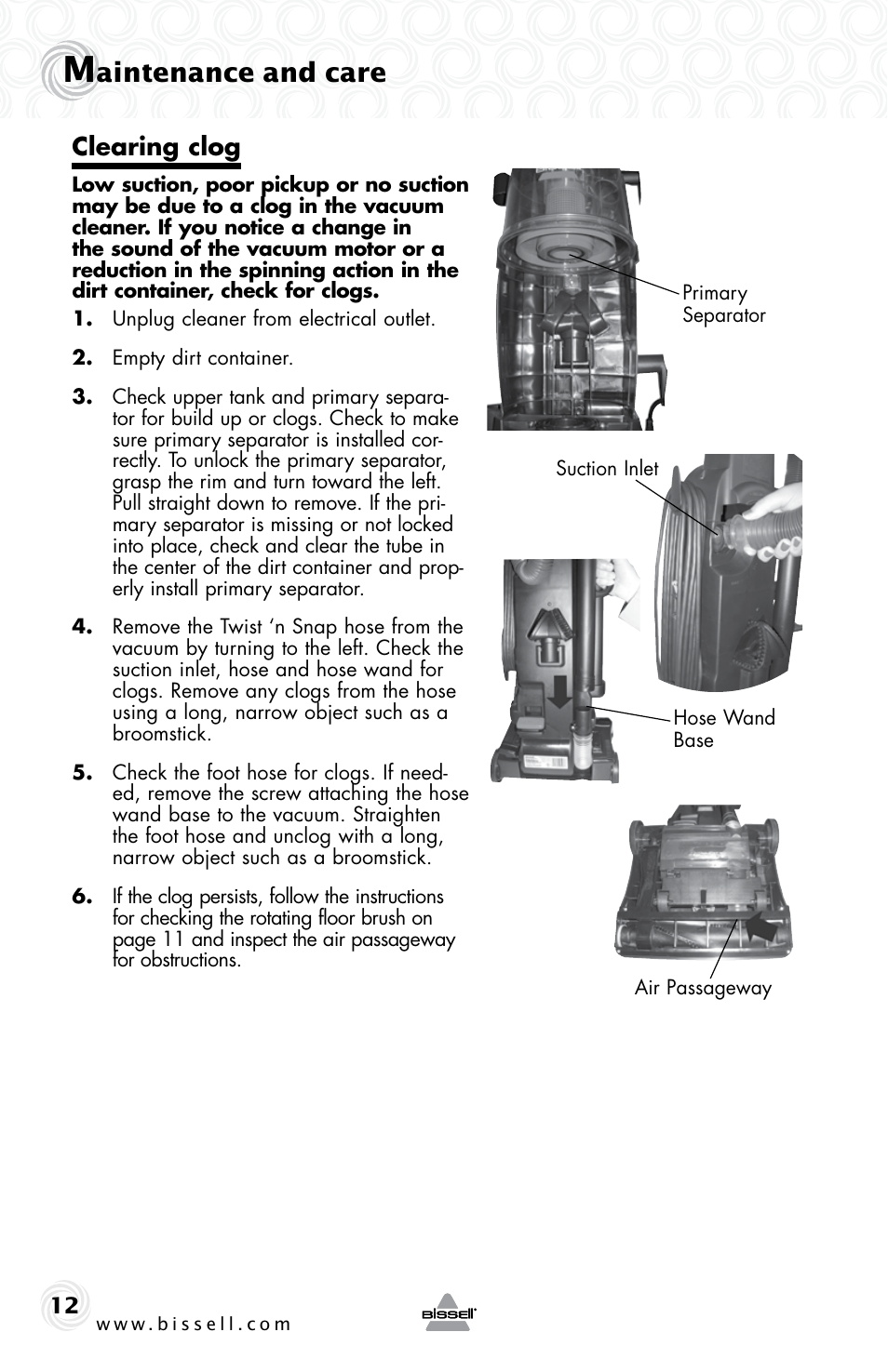 Aintenance and care, Clearing clog | Bissell 31B8e User Manual | Page 12 / 16