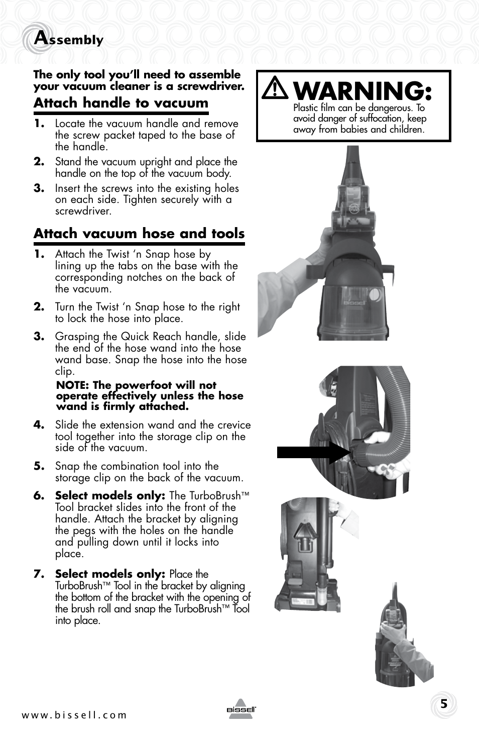 Warning, Attach handle to vacuum, Attach vacuum hose and tools | Bissell 31B8e User Manual | Page 5 / 16