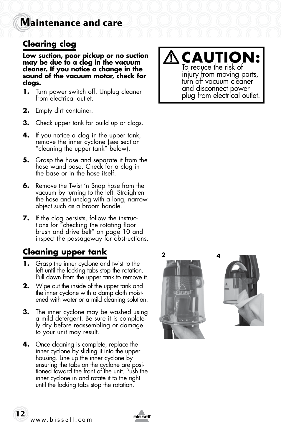Caution, Aintenance and care, Clearing clog | Cleaning upper tank | Bissell 37N1E User Manual | Page 12 / 16