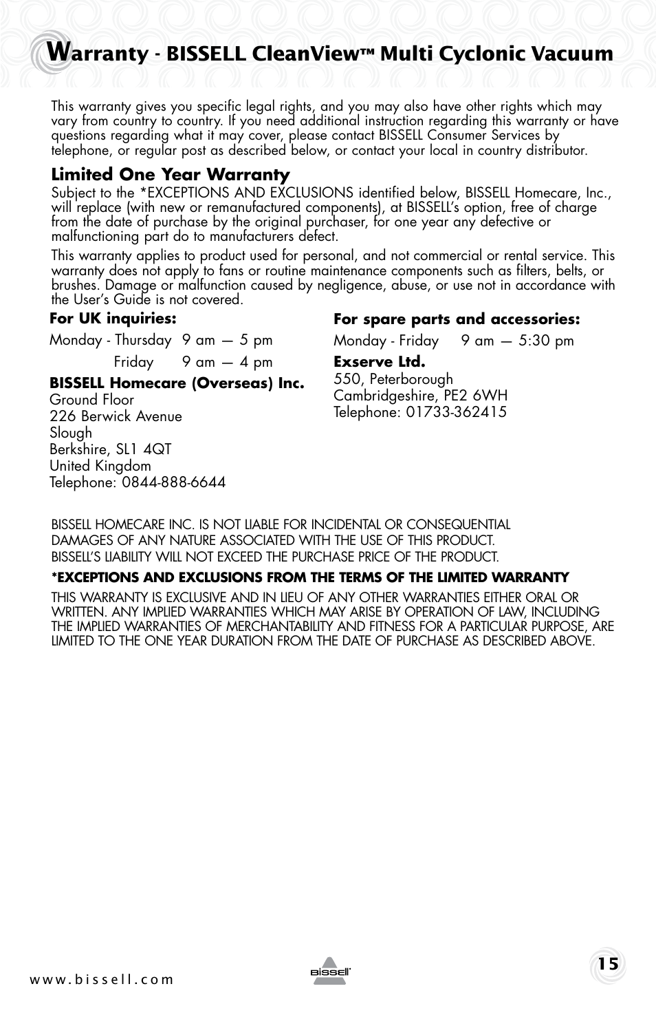 Arranty - bissell cleanview, Multi cyclonic vacuum | Bissell 37N1E User Manual | Page 15 / 16