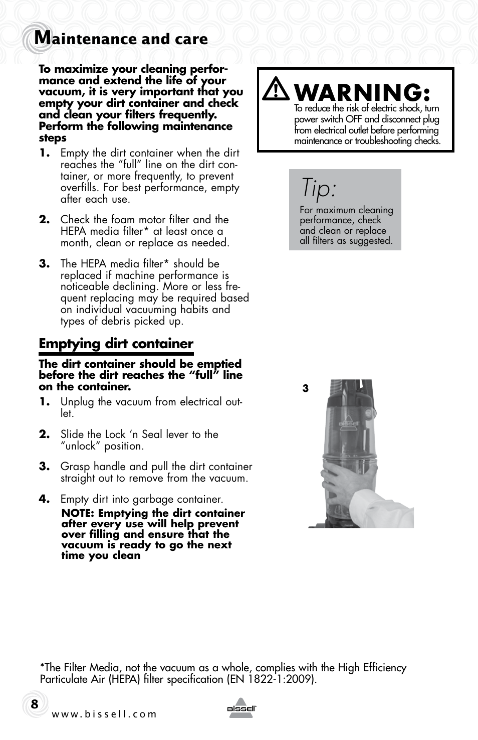 Warning, Aintenance and care, Emptying dirt container | Bissell 37N1E User Manual | Page 8 / 16