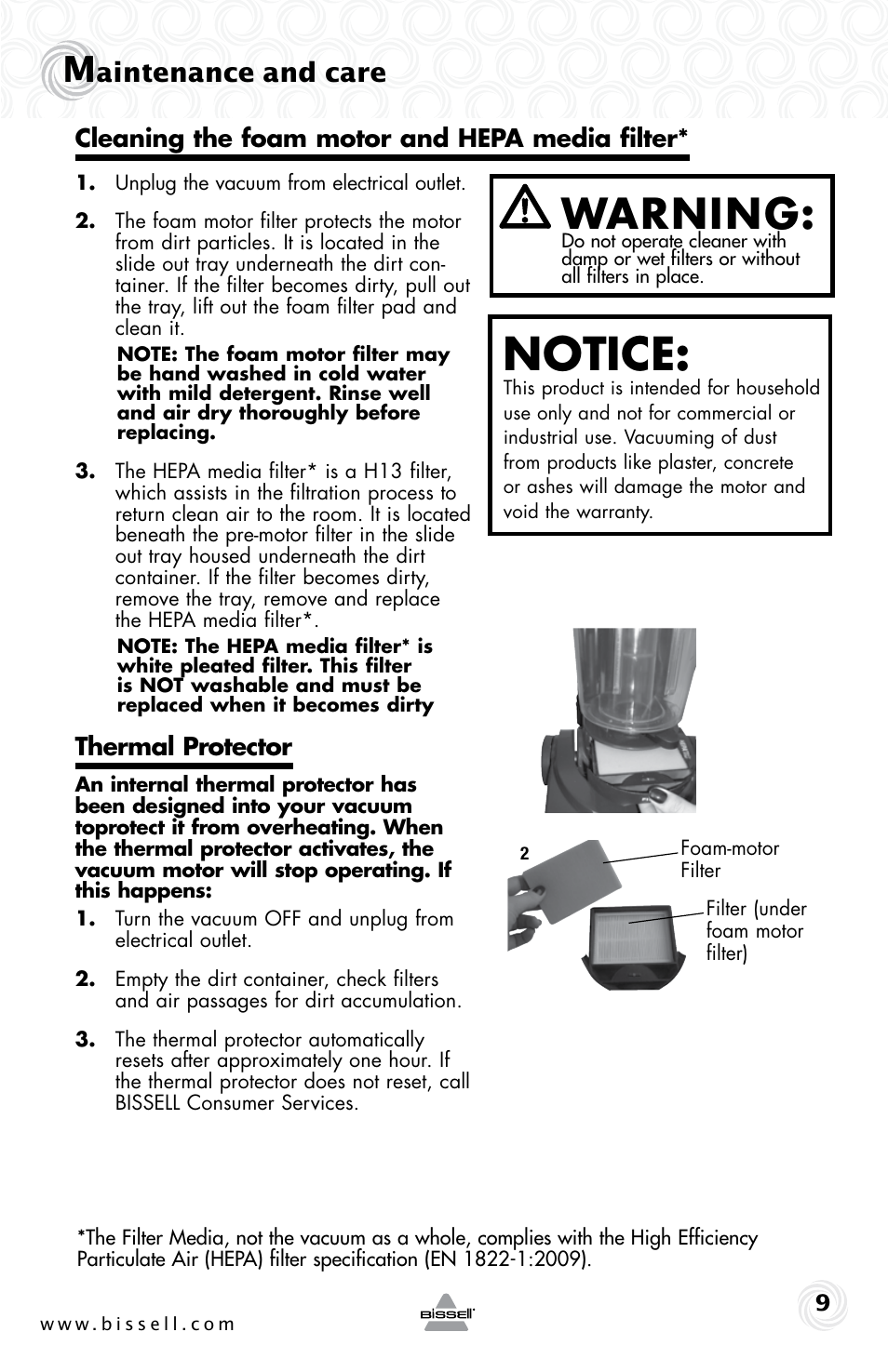 Notice, Warning, Aintenance and care | Thermal protector, Cleaning the foam motor and hepa media filter | Bissell 37N1E User Manual | Page 9 / 16