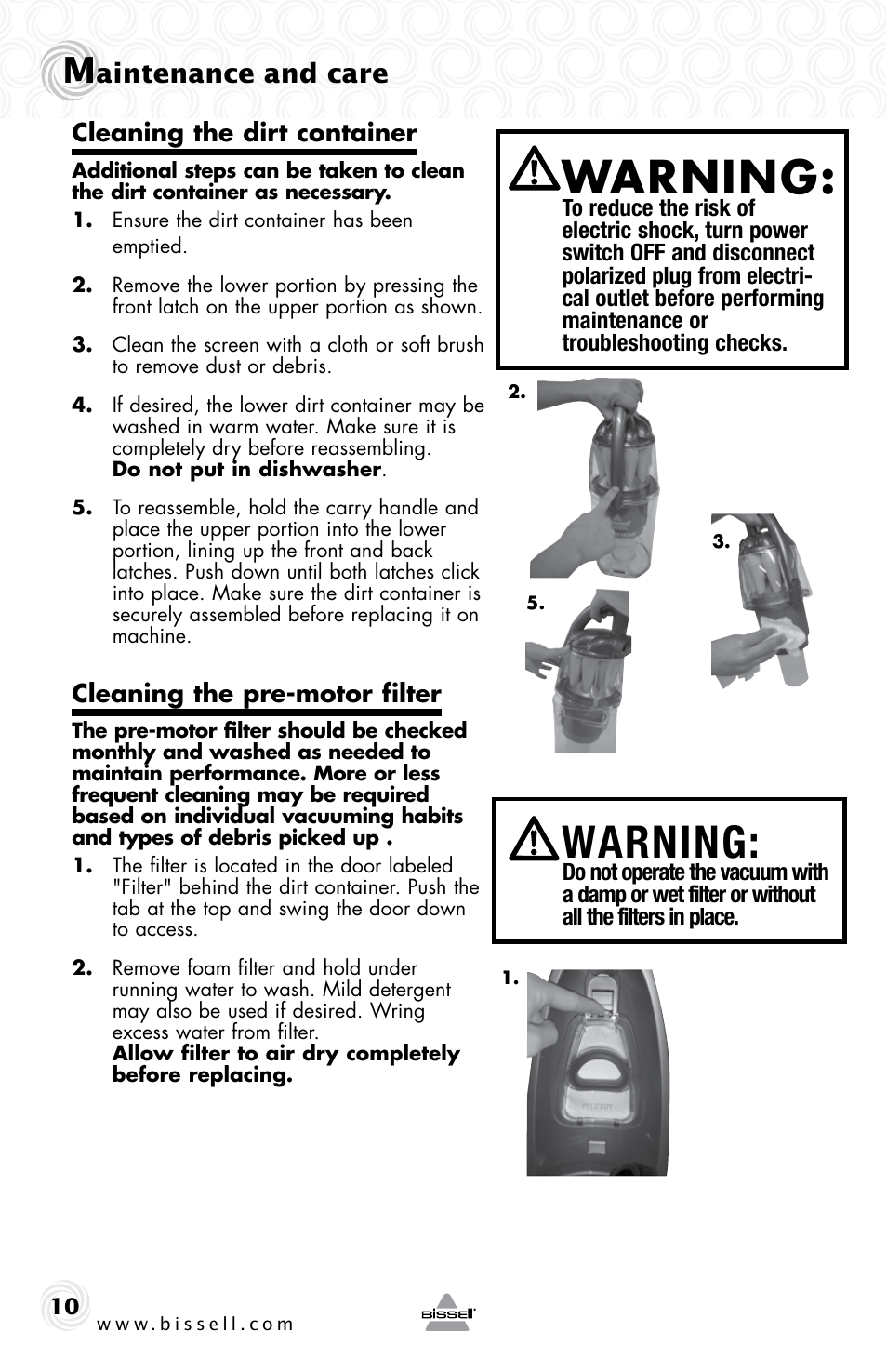 Warning, Aintenance and care | Bissell 61Z4 User Manual | Page 10 / 20
