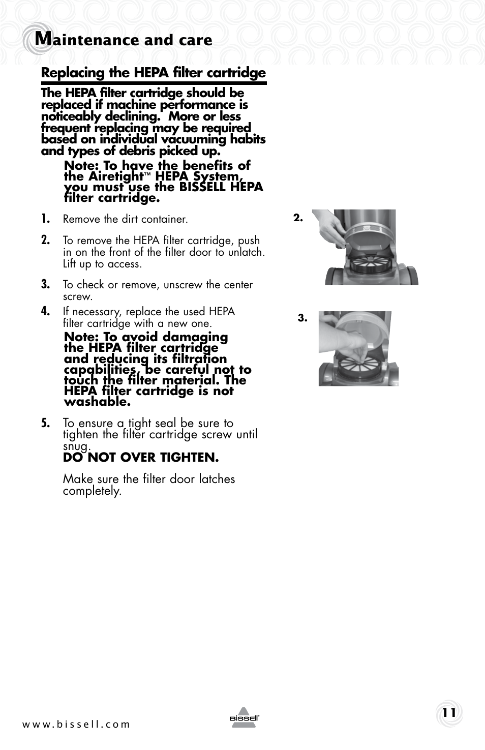 Aintenance and care | Bissell 61Z4 User Manual | Page 11 / 20