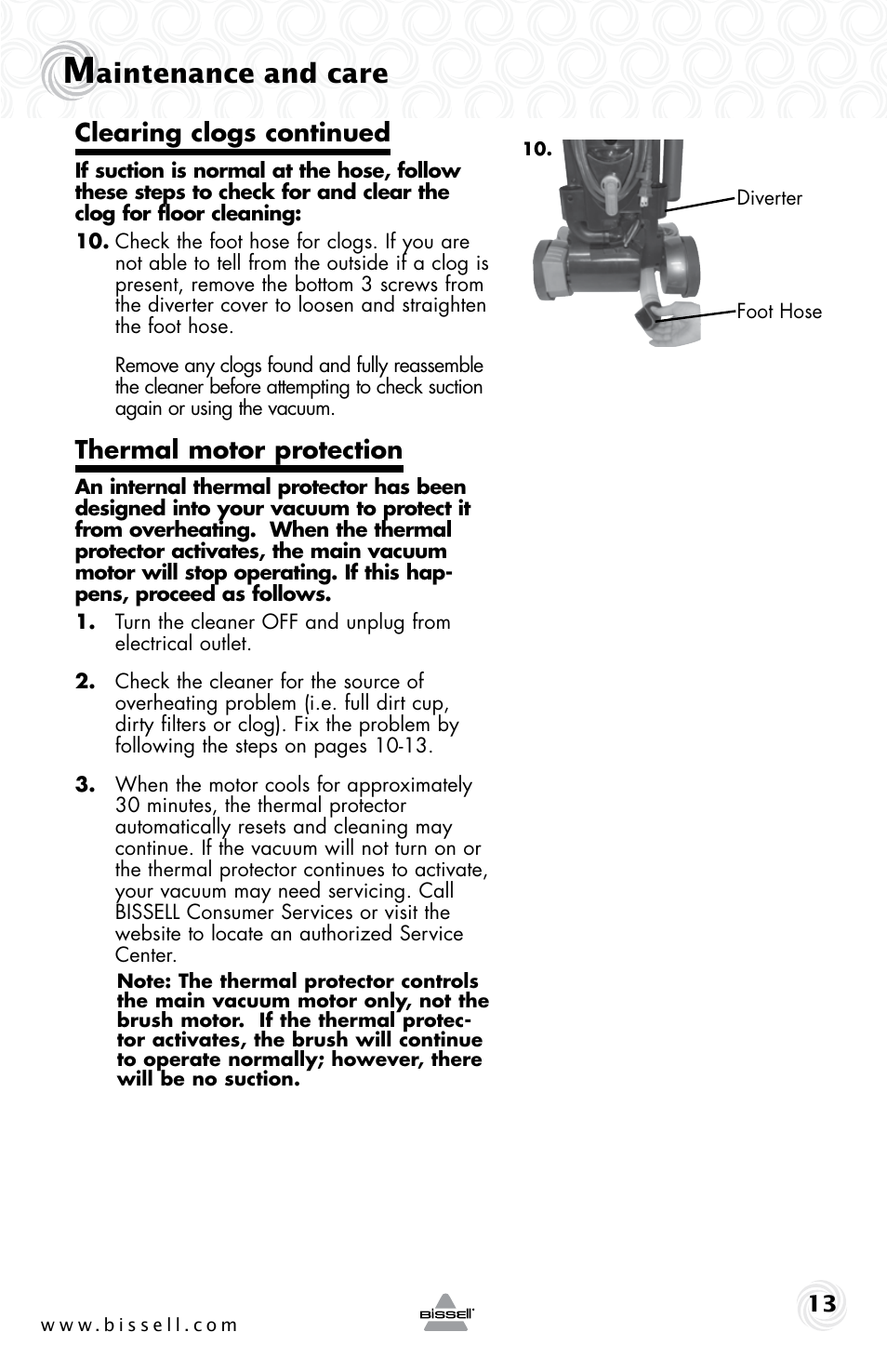 Aintenance and care, Clearing clogs continued, Thermal motor protection | Bissell 61Z4 User Manual | Page 13 / 20