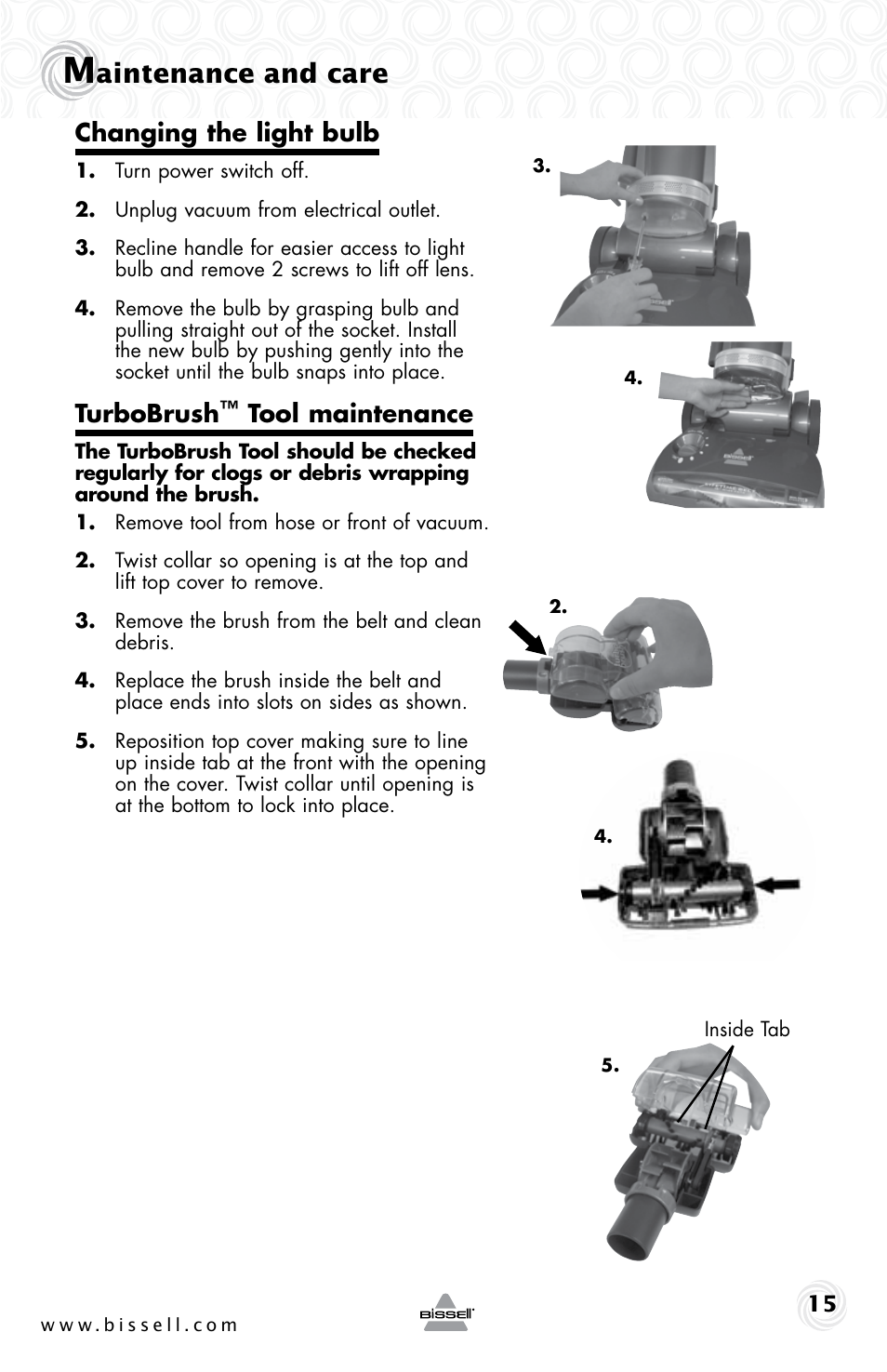 Aintenance and care, Changing the light bulb, Turbobrush | Tool maintenance | Bissell 61Z4 User Manual | Page 15 / 20