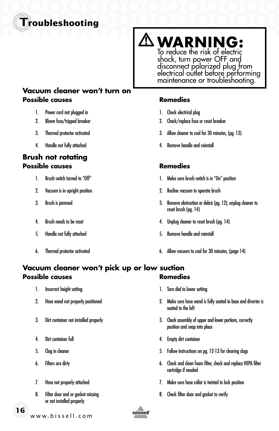 Warning, Roubleshooting | Bissell 61Z4 User Manual | Page 16 / 20